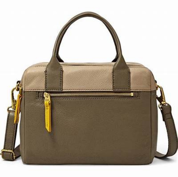 Fossil Handbags - FOSSIL Erin Colourblocked Satchel Leather Khaki Beige Double Zip Carry Bag